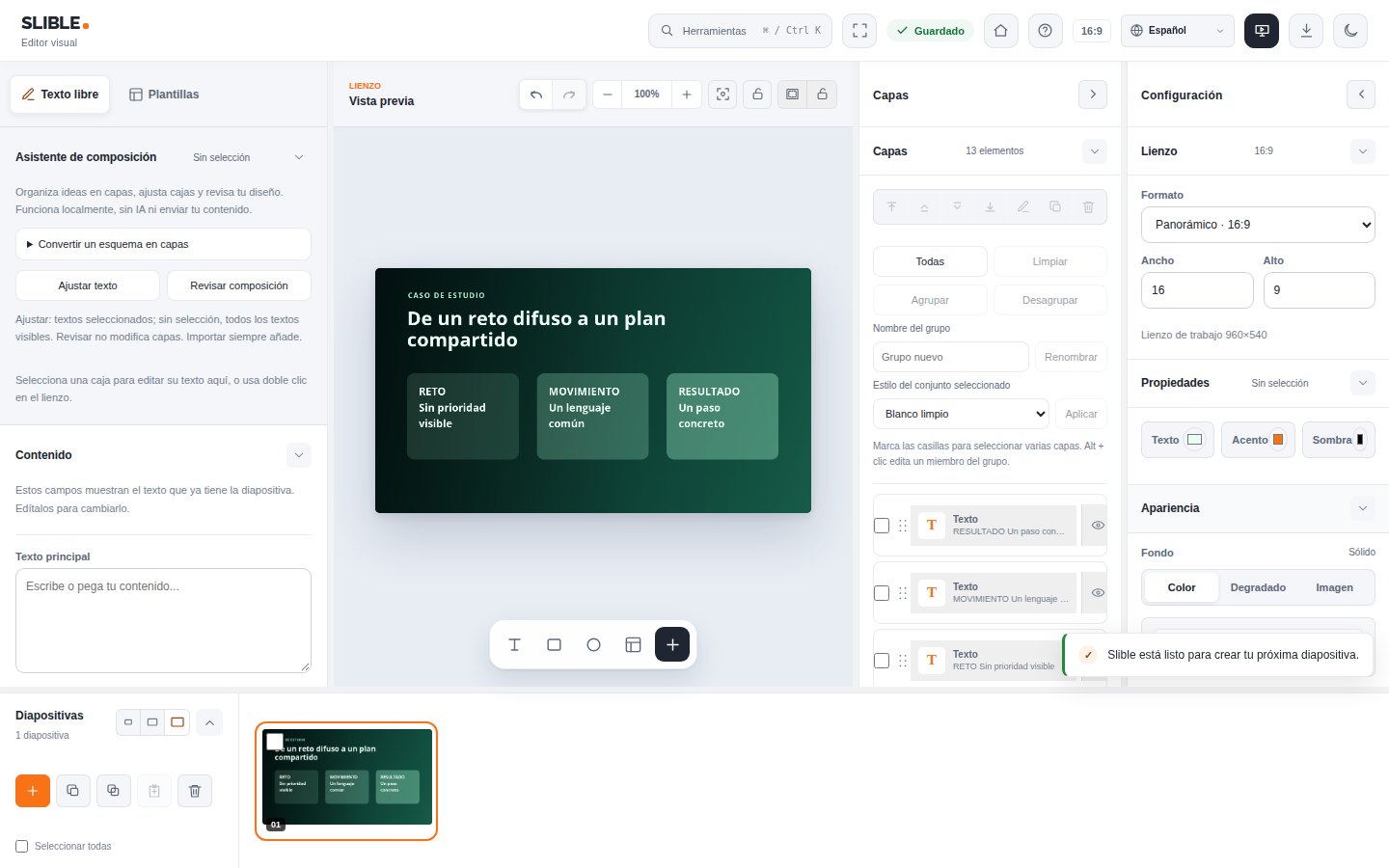 Vista del espacio de trabajo del editor SLIBLE
